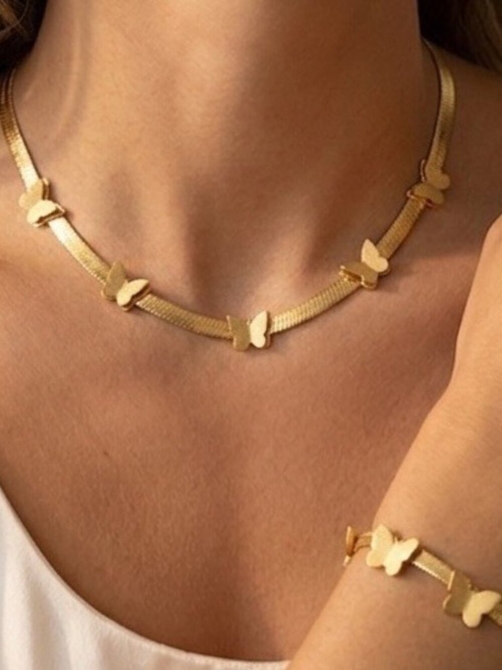 18K Gold Plated Butterfly Snake Necklace Stainless Steel Womens Jewelry